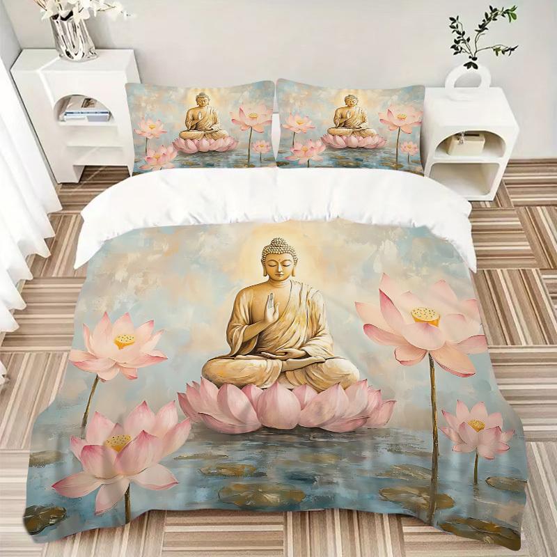3pcs bedding set Buddha Lotus Includes 1 Comforter + 2 Pillowcases, Without Pillow Inserts, Soft Comfortable, Lightweight Breathable, Printe