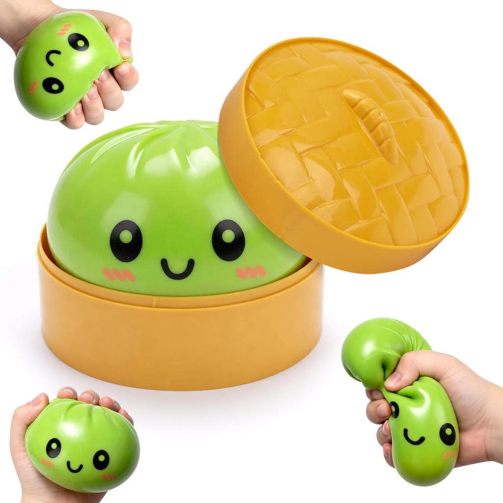 Simulated Steamed Buns Squishy Rebound Soft Squeeze Stress Ball with Bamboo Steamer Box Anti-Stress Toy Sensory Creative Gift