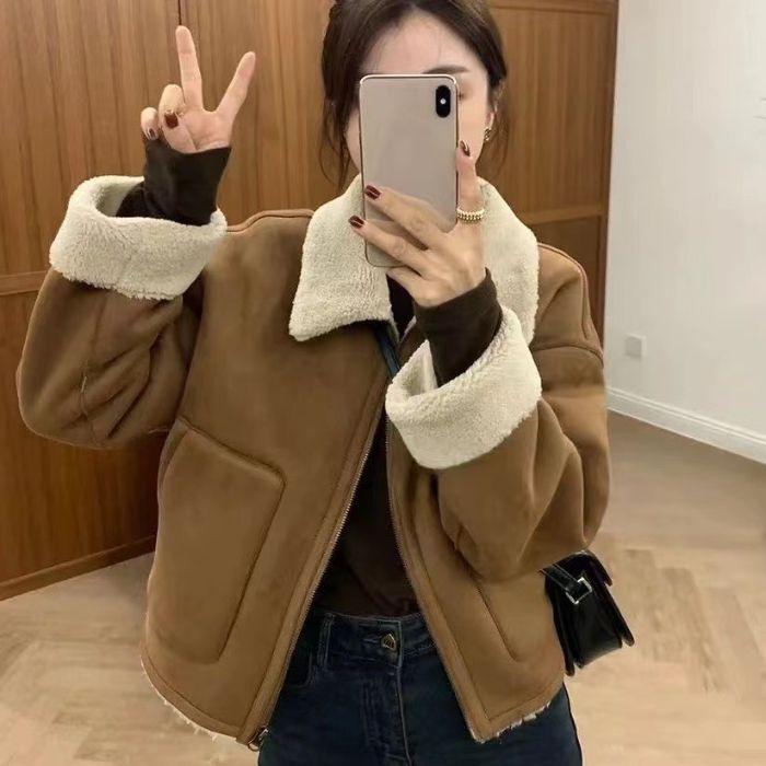 Women's European Shearling Lambswool Biker Jacket - High-End Turn-Down Collar, Autumn Winter Versatile Coat