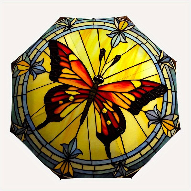 Stained Butterfly Window Panel - Vibrant Artwork for Home DecorUmbrella, Portable 3-Fold Compact Umbrella,Christmas Gift ES534