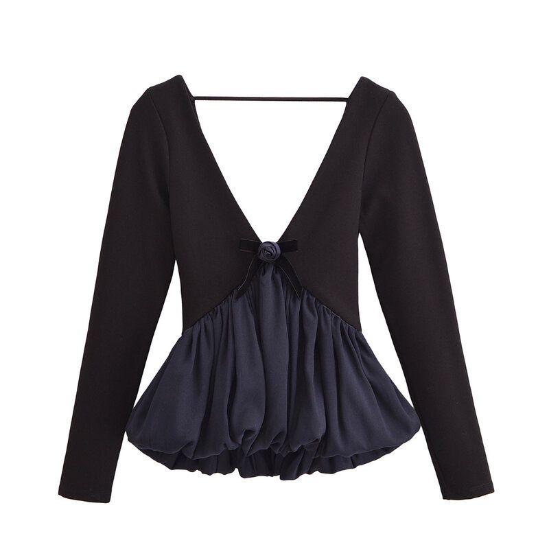 Fashion Style 2024 Fall and Winter New Women's Clothing Easiest for Match Ruched Puffy Hem Long Sleeve Low Neck Tops 1014806