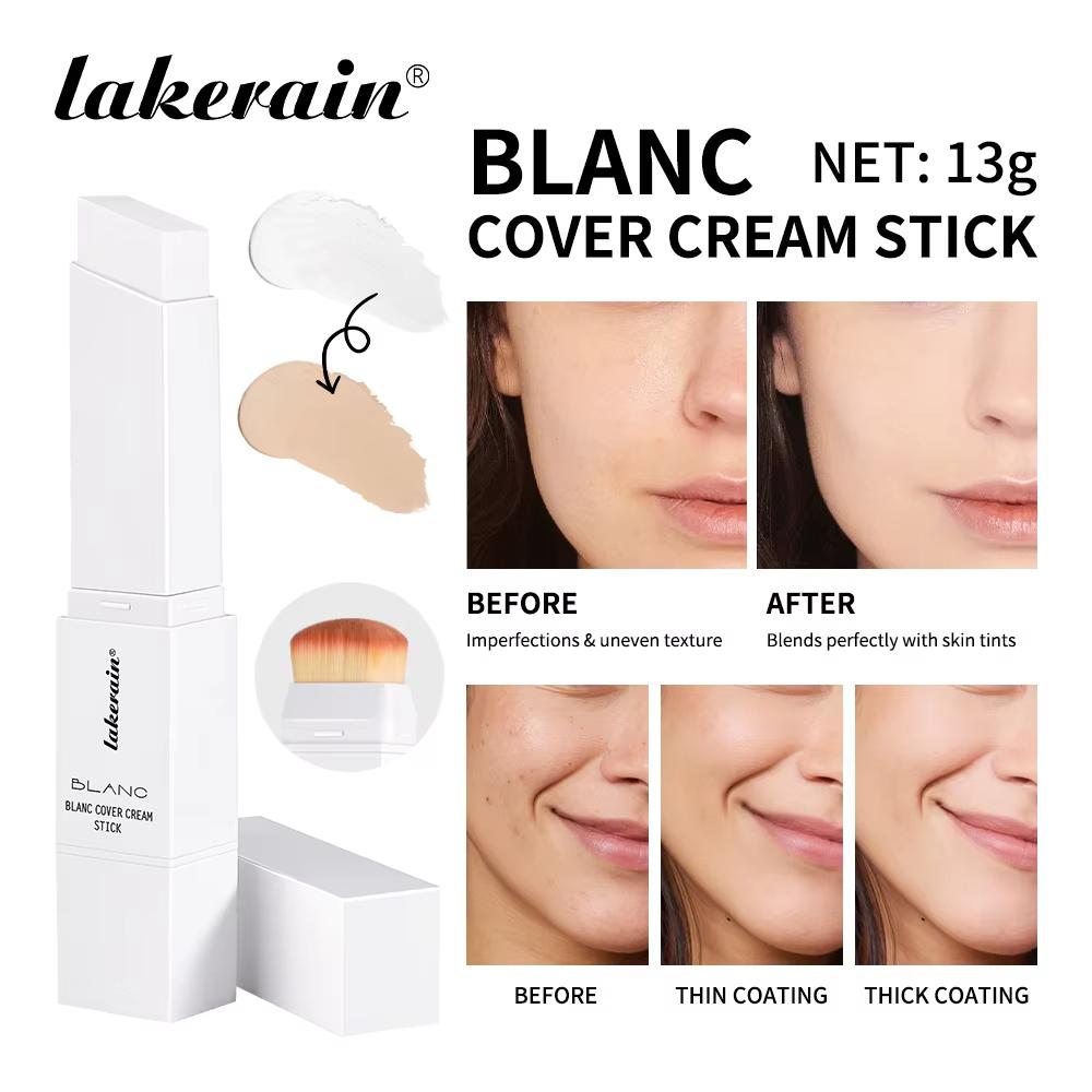 Dual-Ended White Color Changing Foundation Stick with Brush Makeup Smoothly Blending Moisturizing Brightening for All Skin Type
