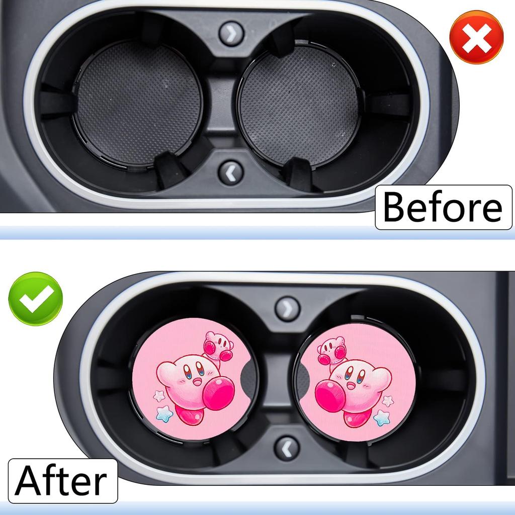 Car Cupholder Coaster Absorbent 2 Pack Cute Kawaii Cartoon Design Rubber New Automotive Cup Holder Decal Decor Accessories for Women Men BD353