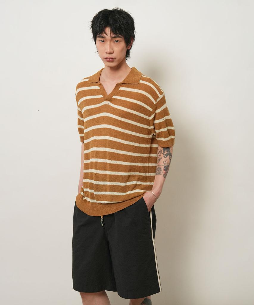 GENERALIDEA Unisex One-Button Collar Striped Half Knit [3Col] / Gf2Ukp021