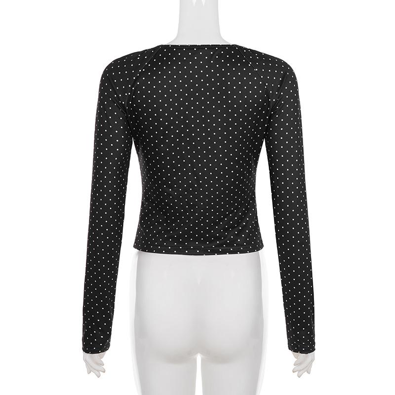 European & American Sweet Polka Dot Puff Sleeve Cropped Top with Button-Up & Round Neck - Slim Fit, Long Sleeve