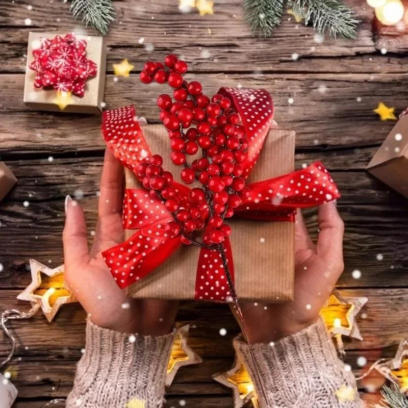 Christmas Artificial Red Berries Branches Fake Flowers Plants Holly Berry Stamen Xmas Tree Ornaments Party Home Decor Wholesale