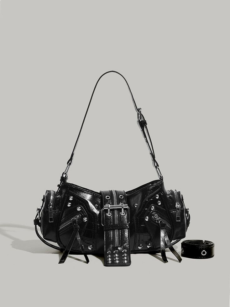 

JIAERDI Moto Biker Black Shoulder Bags Wallet Women Sweet Cool Leather Y2k Handbag Ladies High Street Casual Crossbody Bags 2025 32x15x13cm чёрный