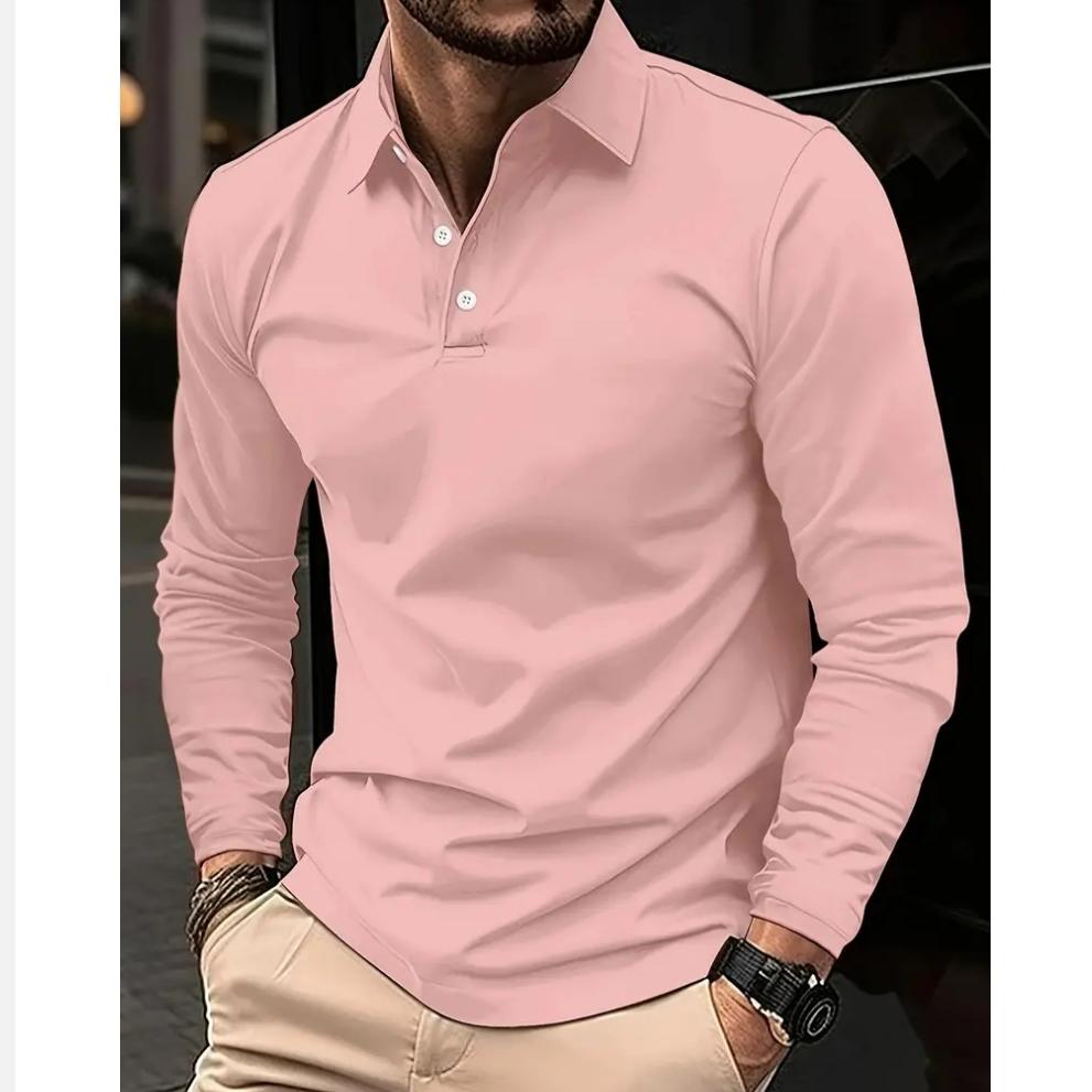 Men's Spring Long Sleeve Polo Shirt Solid Color Turn-down Collar Golf Shirts Fashion Business Casual Male Tops Tees