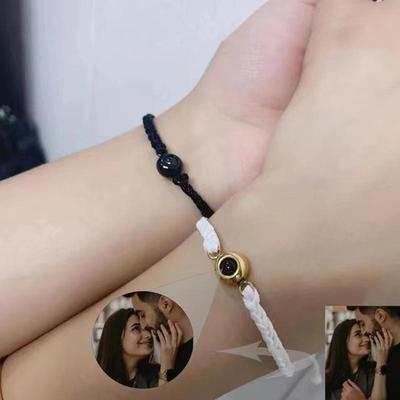 Custom Photo I Love You Projection Bracelet: 100 Languages, Titanium Steel, Woven Rope, Round Bead