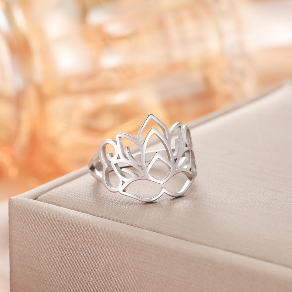 COOLTIME Women Lotus Ring Stainless Steel Buddhism Yoga Lucky Finger Ring Amulet Jewelry Gift