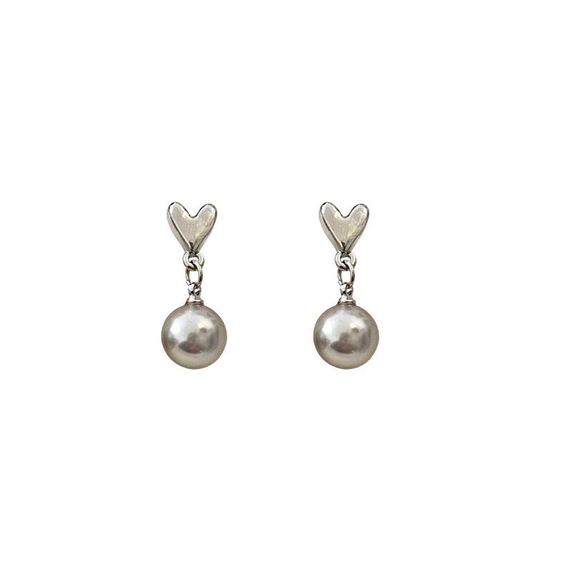 Fashion Grey Pearl Heart-Shaped Tassel Earrings for Women Girl Korea Style Simplicity Dangle Earrings Daily Commute Jewelry Gift