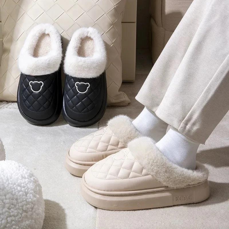 Fashion Women Fur Fuzzy Slippers Outdoor Waterproof Plush Lined Slides Indoor Antiskid Platform Cotton Shoes Fluffy House Slipper