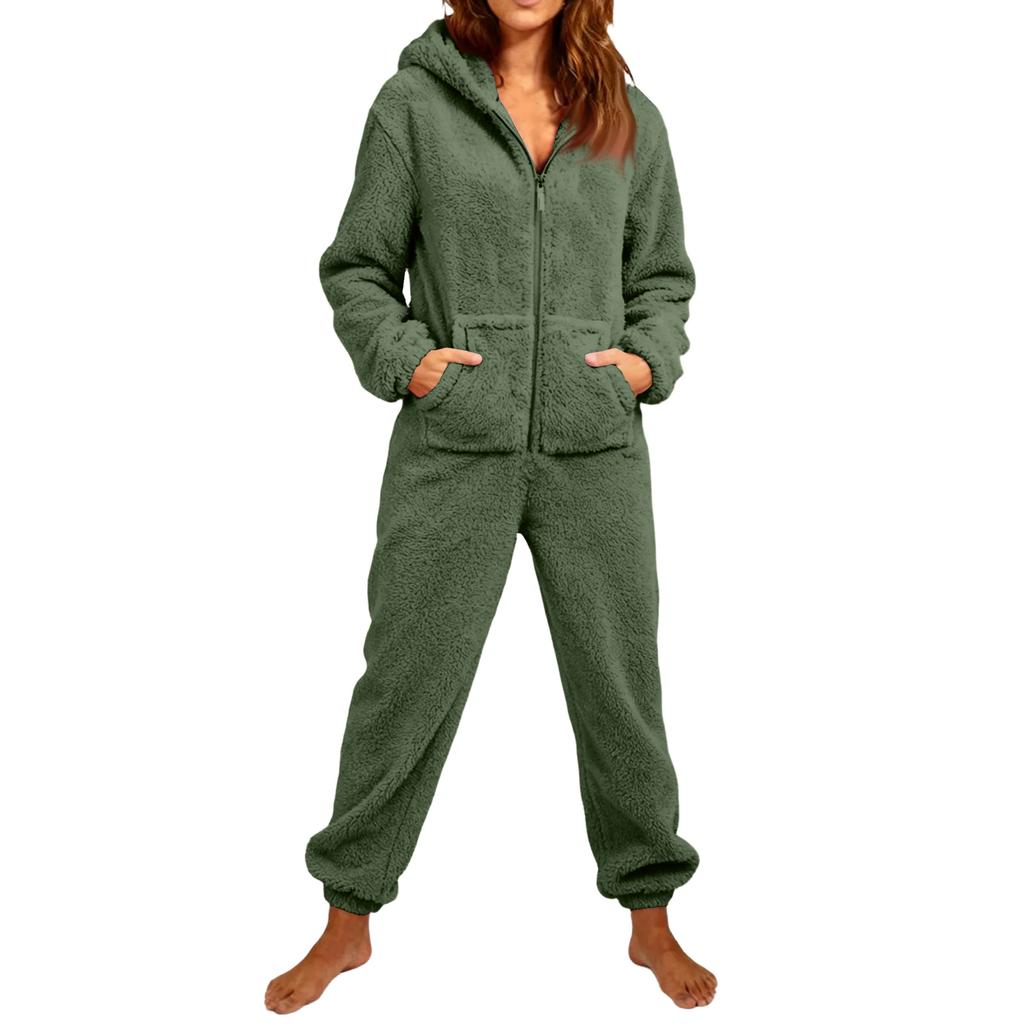Women's Fashion Fleece-Lined Thickened Fleece Hooded Pyjamas With Zip-Up Onesie