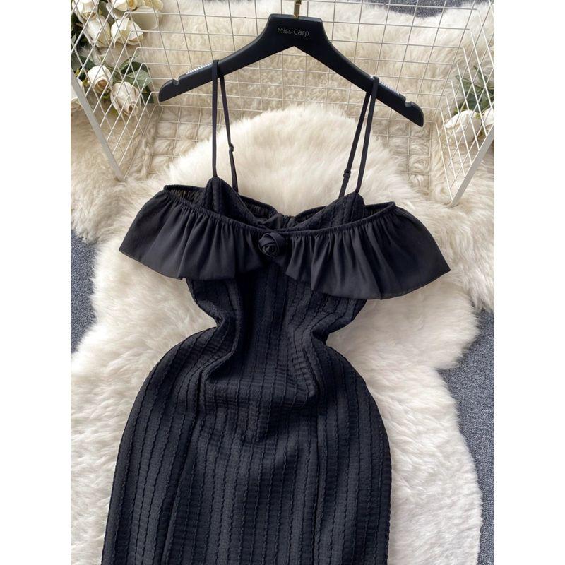 Socialite Style Fancy Banquet Birthday Banquet Party Dress Women's off-Shoulder Spaghetti Straps Ruffles Waist Dress