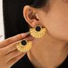 French Obsidian Fan-shaped Sunflower Stainless Steel Earrings High-End Titanium Studs