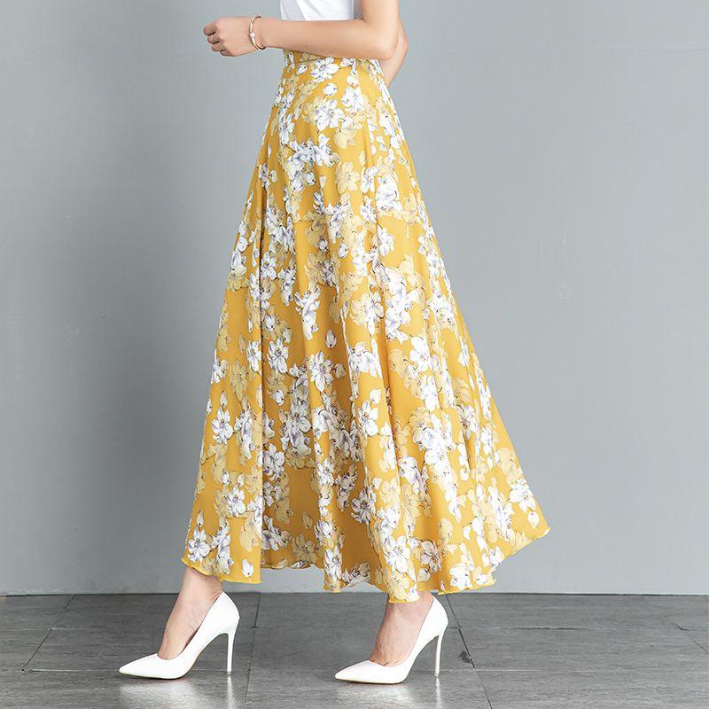 New Summer Retro Ethnic Style Ink-print Chiffon Skirt Women's Long Skirt High Waist A-line Skirt