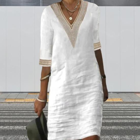 V-neck Half Sleeve Thin Beach Dress Women Elegant Lace Stitching Casual Dress Streetwear