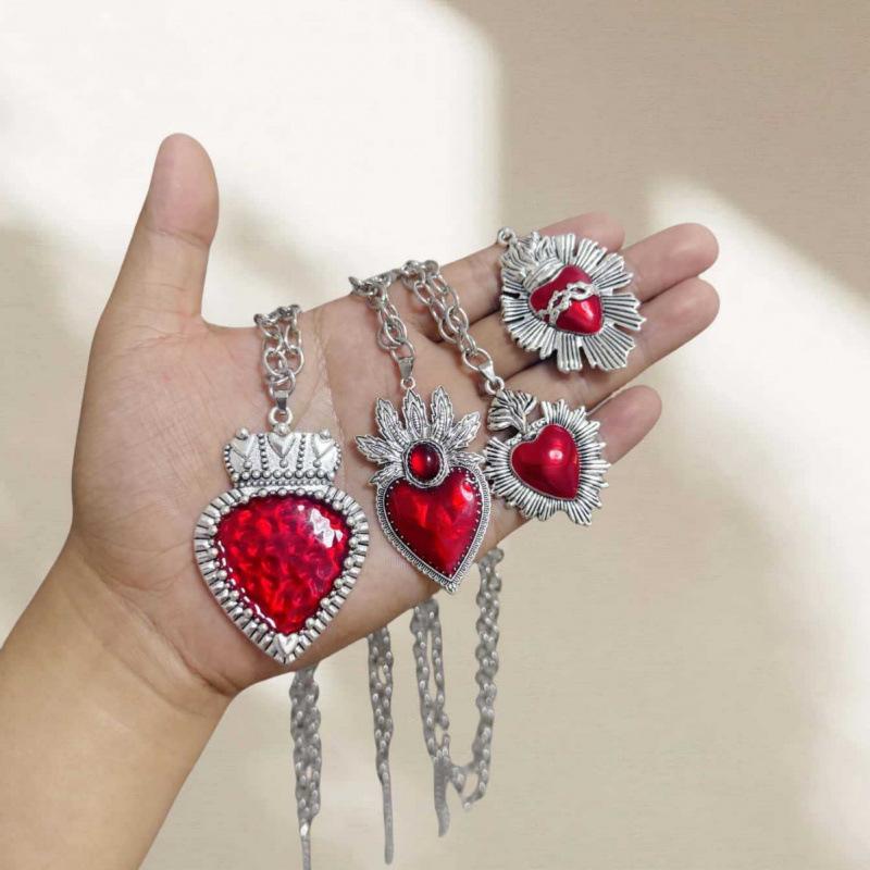 Fashionable Silver Plated Enamel Sacred Red Heart Necklace Pendant