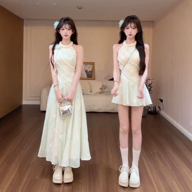 French Summer Lace Jasmine Green Sleeveless Slimming Waist Long Dress for Women