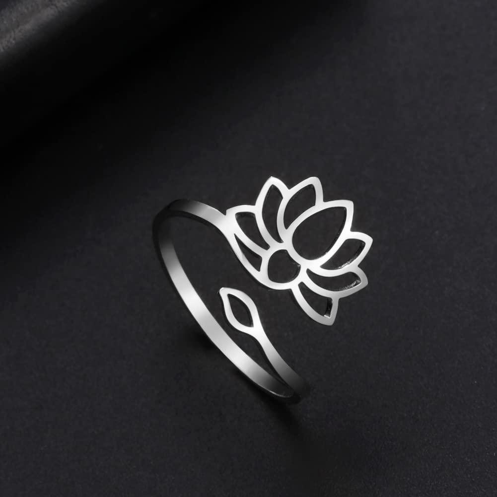 Dreamtimes Lotus Flower Rings for Women Encouragement Lotus Flower Adjustable Vintage Buddha Yoga Wedding Mother Bague Gift