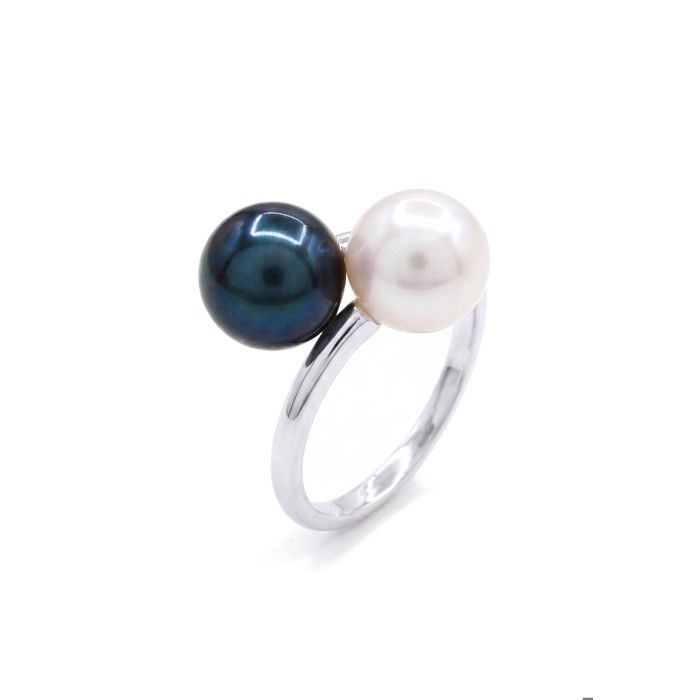 Ring - Parels & Kleuren - Zoetwatercultuurparels 7-8 mm Rond - Witte Parel & Zwart - Witgoud 375/1000 - Vrouw