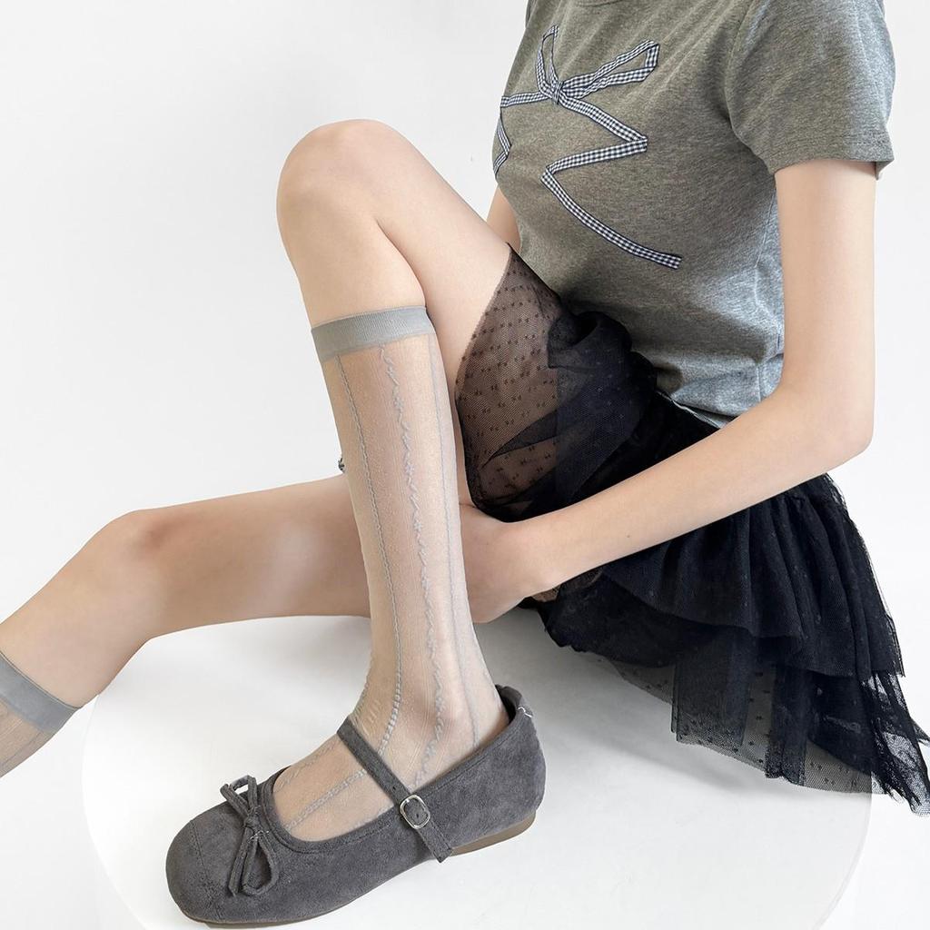 French Pure Desire Vertical Stripe Floral Jacquard Silk Stockings - Spring/Summer, Thin Light Gray, High-End Lace Calf Socks
