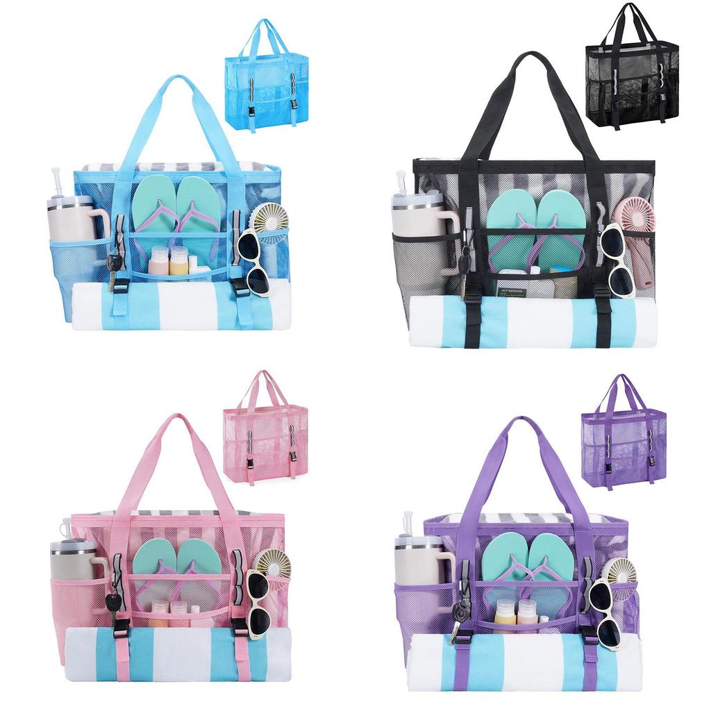 Travel Tote Bag With Zipper Large Capacity Mesh Beach Bag For Outdoor Beach Vacation