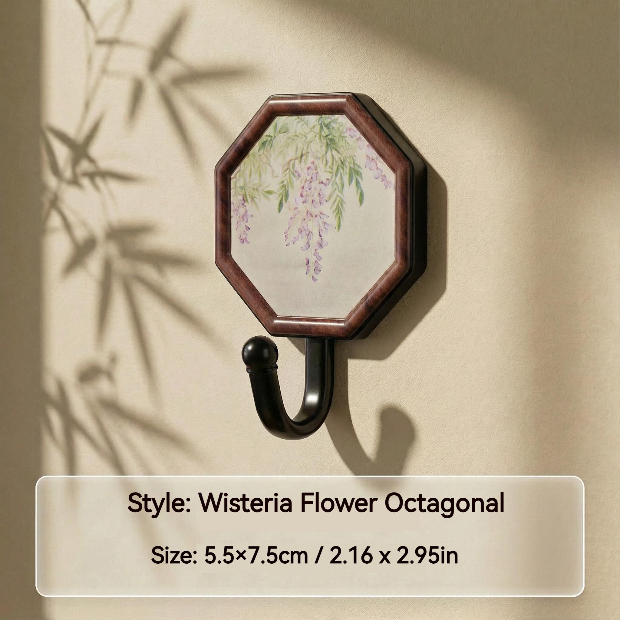 

Walnut-colored Chinese Song Dynasty aesthetic hook No-trace no-drill installation Entrance Hall Strong Adhesive Hook Clothes hook Shower Wisteria flower octagon1P