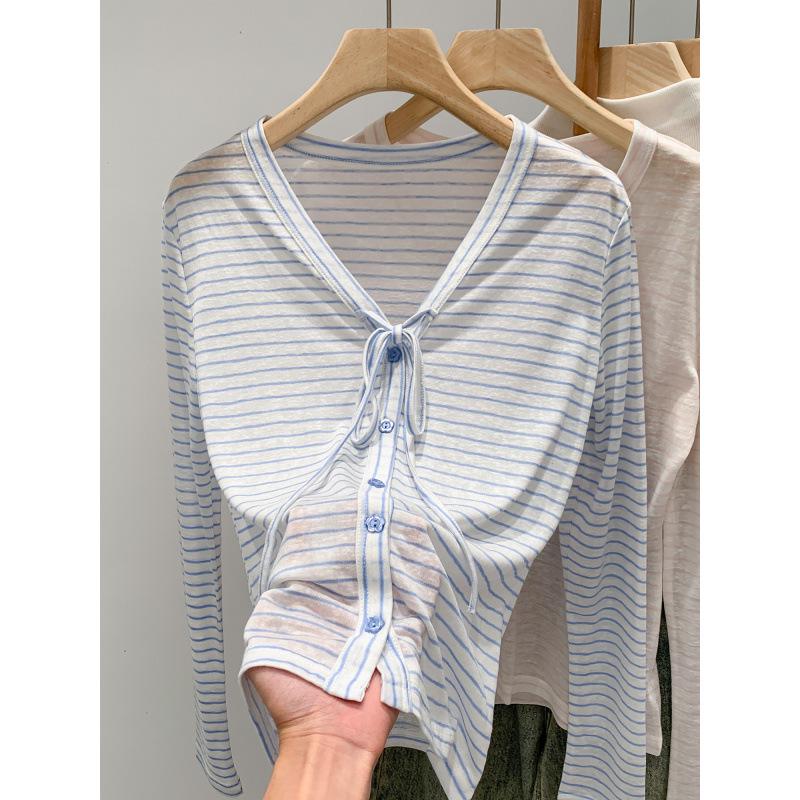 Korean Style Women's Striped V-Neck Cardigan - Summer Sun Protection, Sweet Casual Loose Fit, Long-Sleeved Top