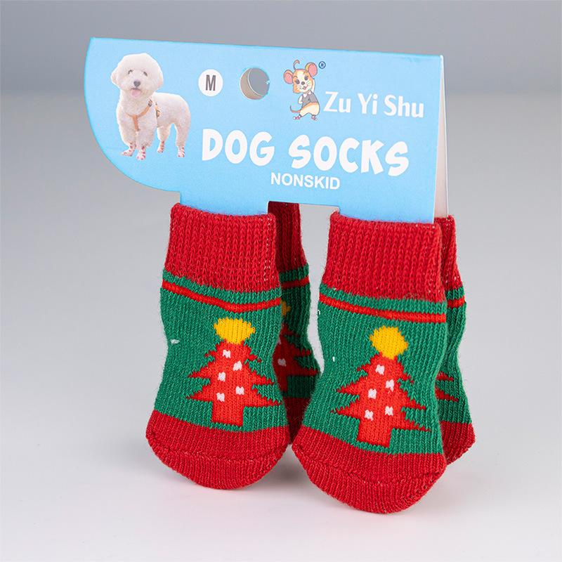 4Pcs/set Christmas Deer Snowman Pet Knitted Socks Winter Warm Indoor Wear Slip On Paw Protector Small Dogs Cat Socks Shoes