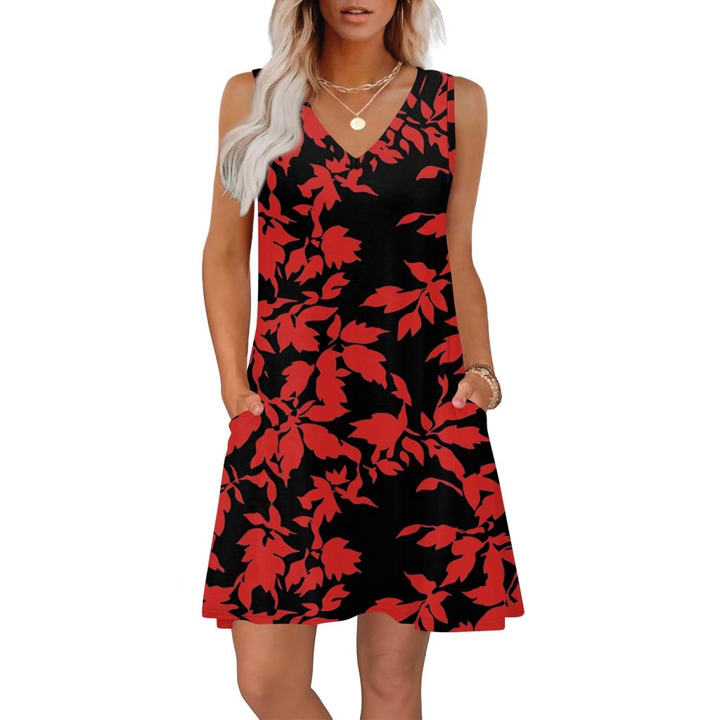 Women's Summer Dresses Loose Fit Printed V Neck Sleeveless Sundresses Beach Hawaiian Dress With Pockets