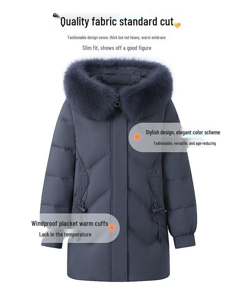 Women's 2025 New Style Mid-Length Winter Down Jacket with Fox Fur Collar for Middle-Aged and Elderly