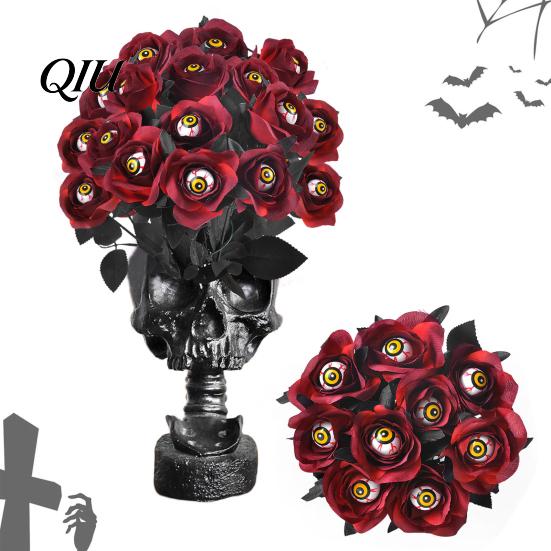 Cascading Green Leaves Decor Halloween Flowers with Eyeball, Fake Bouquet Roses, Artificial Water-free Flower Decoration Stems for Vase