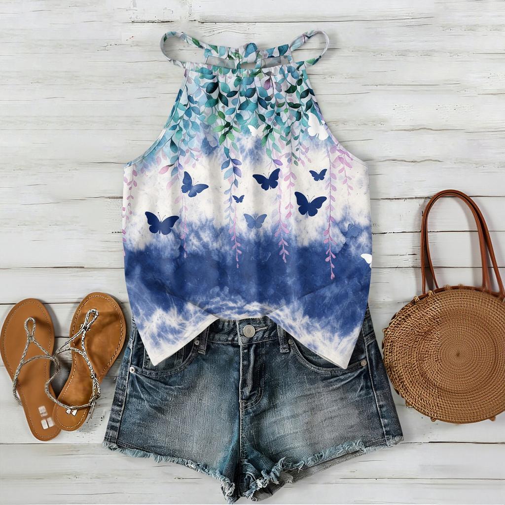 Damen ärmelloses Boho-Tanktop mit Blumendruck Verstellbarer Träger Lässige Sommerbluse Leicht Lockerer Schnitt