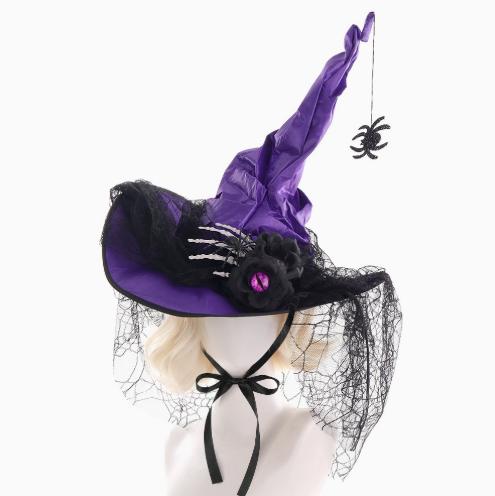 Halloween Crinkled Lace Witch Hat, Cosplay Wizard Hat for Party & Ball, Dark Bone Finger Decorations