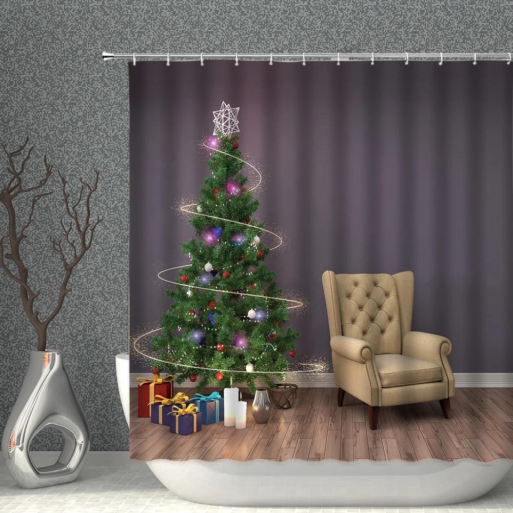 ChristmasTree Bells Shower Curtain Set Happy New Year Waterproof Polyester Cloth Curtains With Hooks Bathroom Home Decor