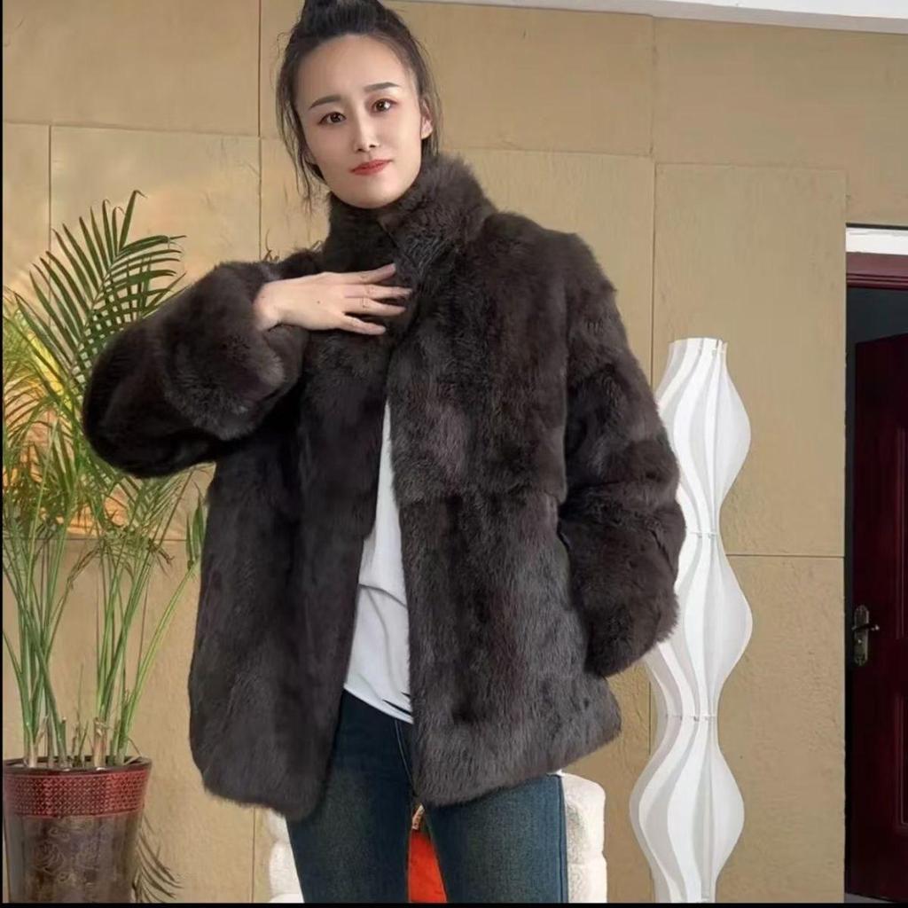 Real Rabbit Fur Coat Long Woman Winter Fashion Stand Collar Plus Size Luxury Warm Outwear Waisted Real Fur
