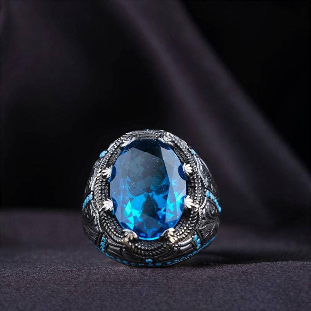 Retro Handmade Turkish Signet Ring For Men Vintage Ancient Copper Color Carved Blue Zircon Ring Punk Motor Biker Muslim Jewelry