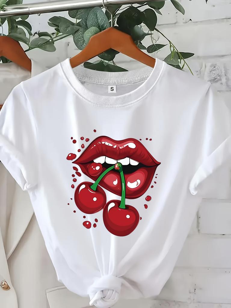 WomenS Casual White TShirt with Playful Red Lips Cherry Graphic Harajuku Sleeve Tshirt Clothing Street Tops Aesthetic Clothes