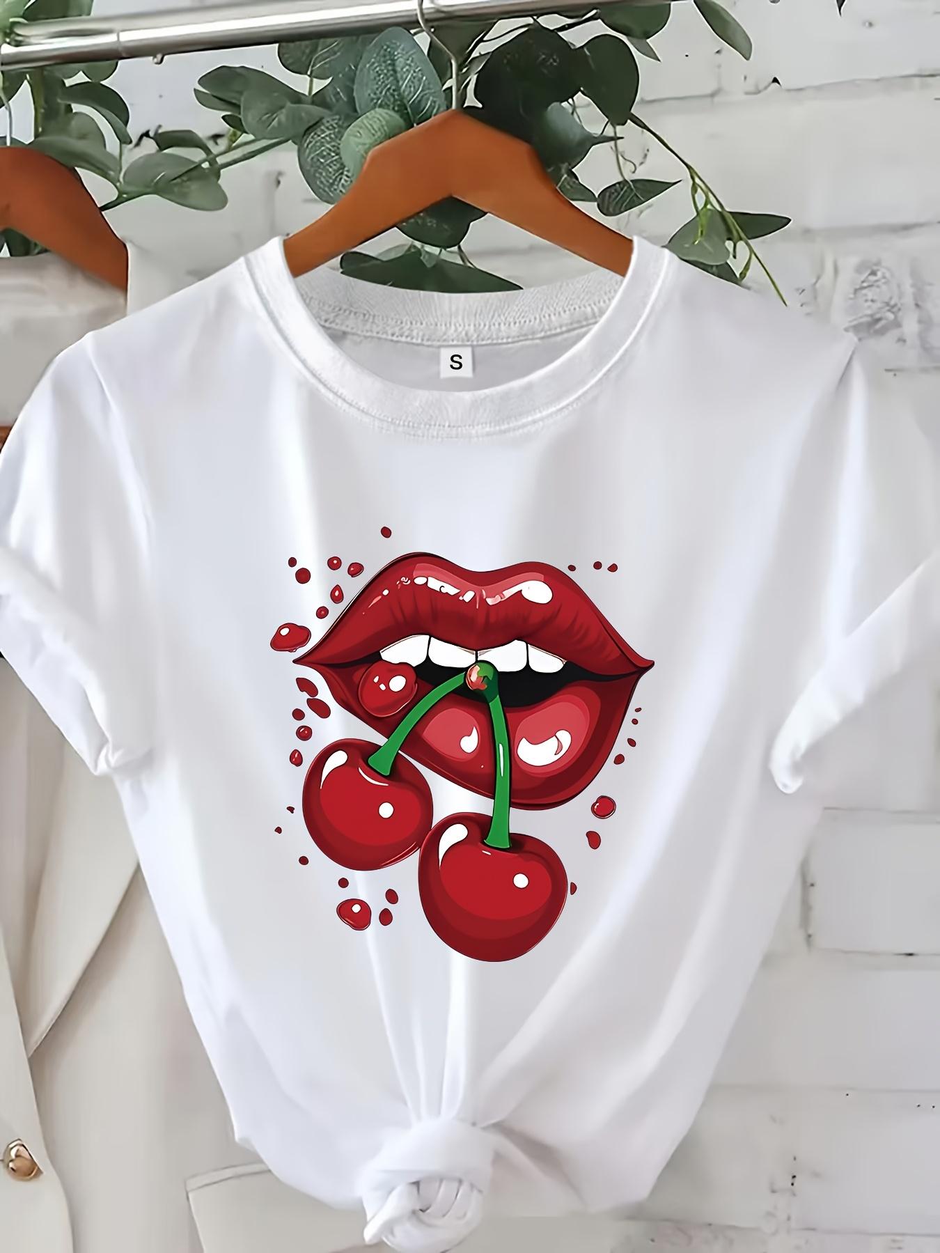 

WomenS Casual White TShirt with Playful Red Lips Cherry Graphic Harajuku Sleeve Tshirt Clothing Street Tops Aesthetic Clothes 4XL
