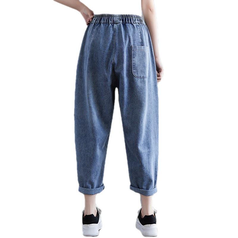 Women Casual Jeans Autumn Vintage Style Patchwork Striped Loose Ankle Length Denim Pants