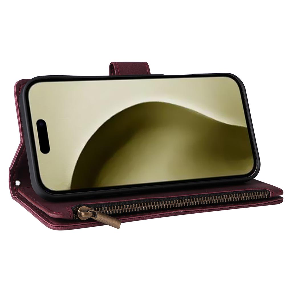 For iPhone 16 Pro Case Zipper Multi-Pocket Wallet Leather Phone Cover with Shoulder and Wrist Straps