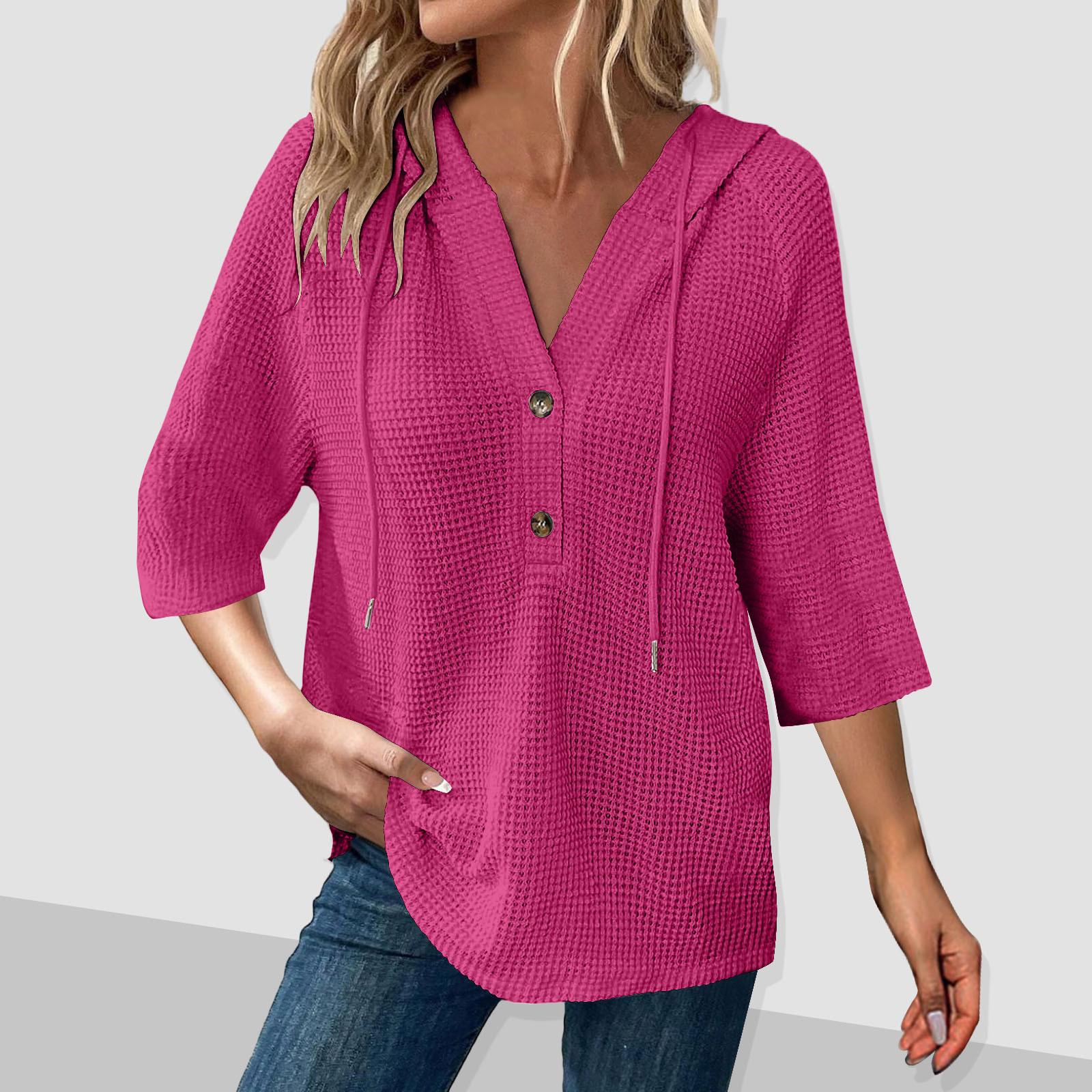 

Женская мода, семь рукавов, капюшон, пуговицы, V-образный вырез, повседневный свитшот с капюшоном, топ XXL горячий розовый