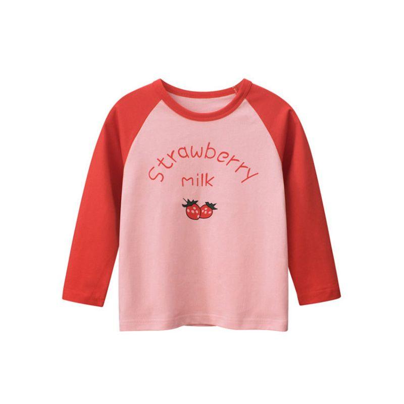 2026 Kidsren's Clothing Kidsren's Pure Cotton Long-Sleeved T-Shirt Girls Cartoon Fruit Strawberry Print Spring New Knitwear Ins