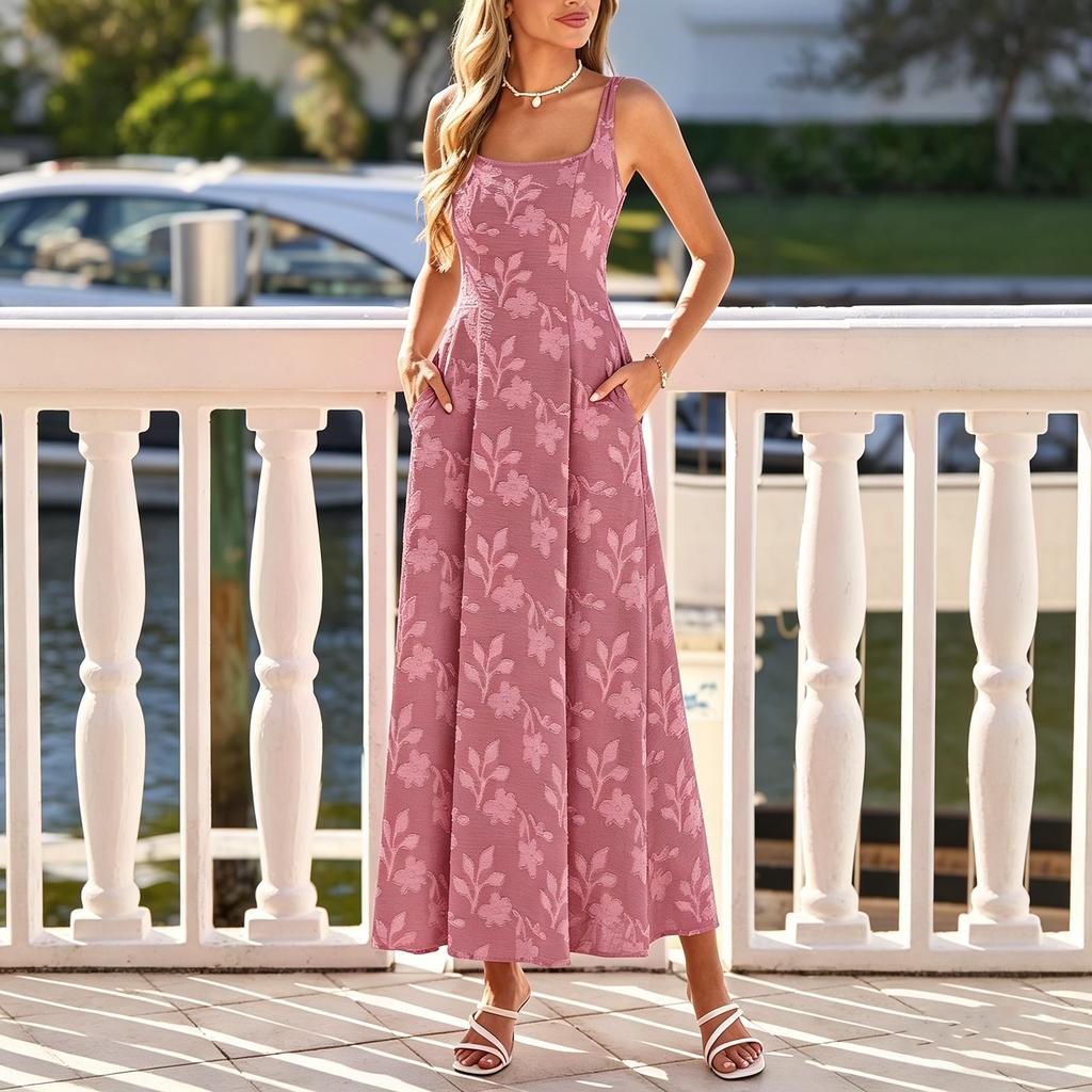 Women’s Sleeveless Maxi Dress with Square Neck Adjustable Straps and Shirred Detailing for Casual or Formal Wear