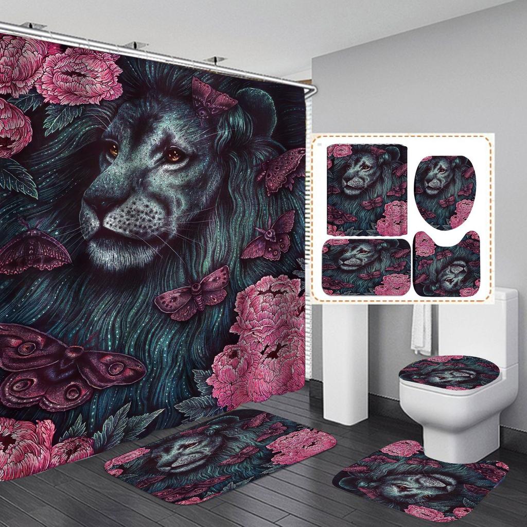 Seturi de perdele de duș din seria Lion 4 buc pentru baie Covoare de baie antiderapante Capac capac de toaletă Covoraș de baie