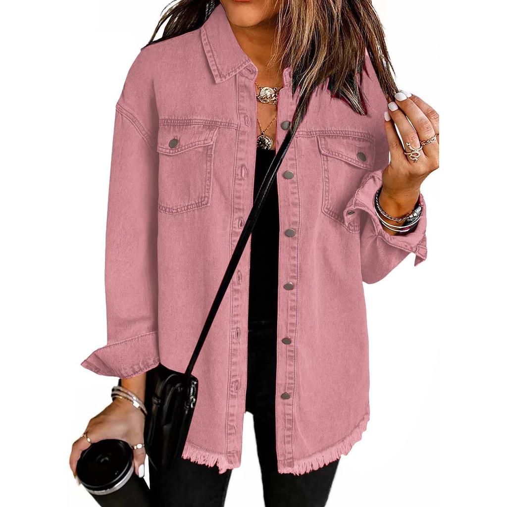Women's Fashion Denim Shirt Jacket Milled Hem Button Casual Long Sleeve Jacket