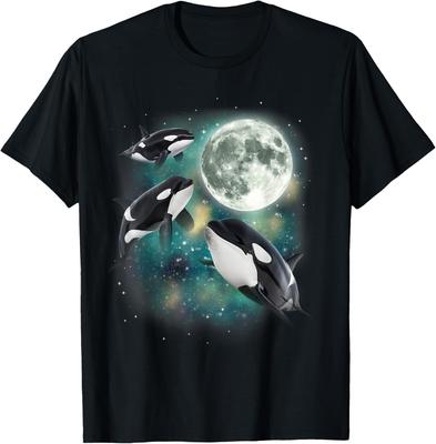 Orca Full Moon Space Galaxy Three Whales Graphic T-Shirt Casual Cotton Short Sleeve Tee