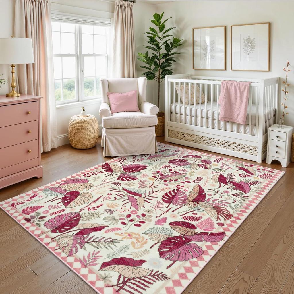Botanisk mönstergolvmatta 3 färgteman Grön Orange Blå Rosa Lila Beige Växtmotiv för Vardagsrum Barnrumsinredning