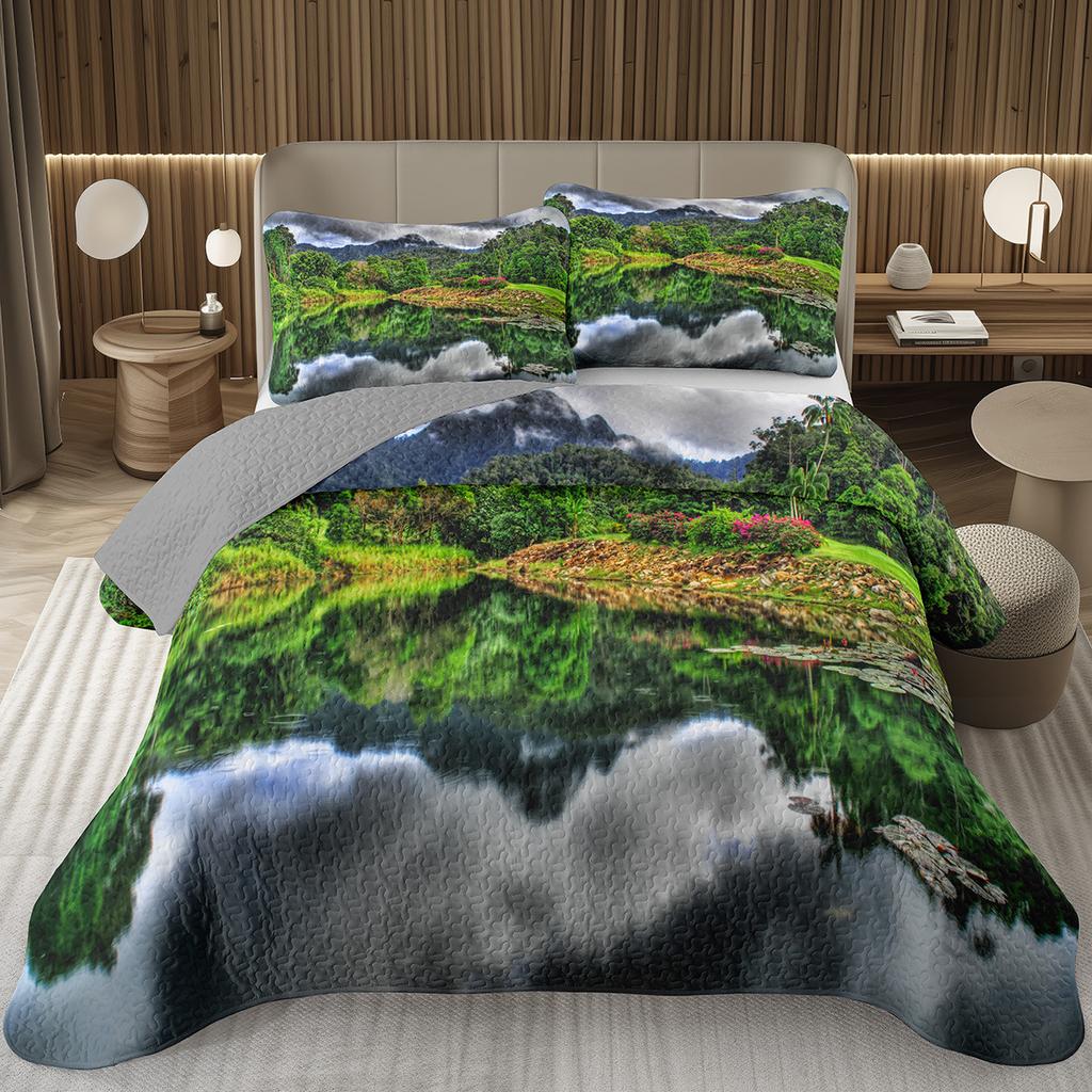 Forest Bedspread King/Full Magical Woodland Jungle Coverlet Set Dreamy Misty Scene Quilted Bedding Set Reversible Grey Bed Cover